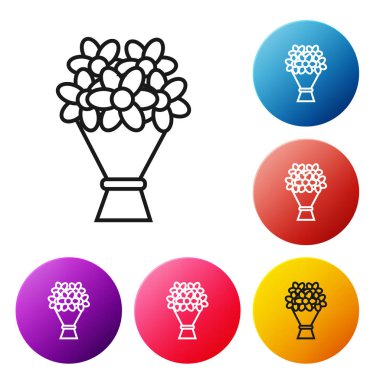 Siyah çizgi Buket çiçek simgesi beyaz arka plan üzerinde izole. Simgeleri renkli daire düğmeleri ayarlayın. Vektör İllüstrasyonu