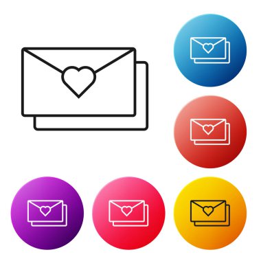 Beyaz arka plan üzerinde izole Valentine kalp simgesi ile Siyah çizgi Zarf. Mesaj aşk. Mektup aşk ve romantizm. Simgeleri renkli daire düğmeleri ayarlayın. Vektör İllüstrasyonu