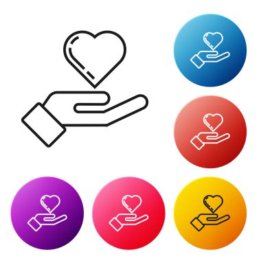 Siyah çizgi Kalp el simgesi beyaz arka plan üzerinde izole. El aşk sembolü veriyor. Simgeleri renkli daire düğmeleri ayarlayın. Vektör İllüstrasyonu