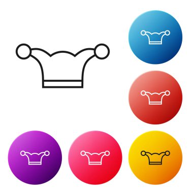 Siyah çizgi Jester şapka çanları beyaz arka plan üzerinde izole ile. Palyaço simgesi. Lunapark komik adam işareti. Simgeleri renkli daire düğmeleri ayarlayın. Vektör İllüstrasyonu