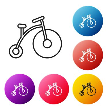 Bir büyük tekerlek ve beyaz arka plan üzerinde izole küçük bir simge ile Siyah çizgi Vintage bisiklet. Bisiklet toplu taşıma işareti. Simgeleri renkli daire düğmeleri ayarlayın. Vektör İllüstrasyonu