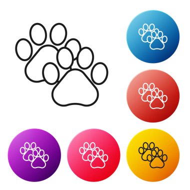 Siyah çizgi Paw baskı simgesi beyaz arka planda yalıtılmış. Köpek ya da kedi pençesi izi. Hayvan izi. Simgeleri renkli daire düğmeleri ayarlayın. Vektör İllüstrasyonu
