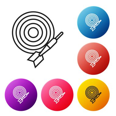Siyah çizgi Klasik dart tahtası ve ok simgesi beyaz arka plan üzerinde izole. Dart tahtası işareti. Oyun konsepti. Simgeleri renkli daire düğmeleri ayarlayın. Vektör İllüstrasyonu