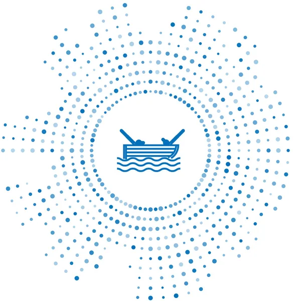 Linha azul Barco de pesca com vara de pesca no ícone de água isolado no fundo branco. Pontos aleatórios de círculo abstrato. Ilustração vetorial — Vetor de Stock