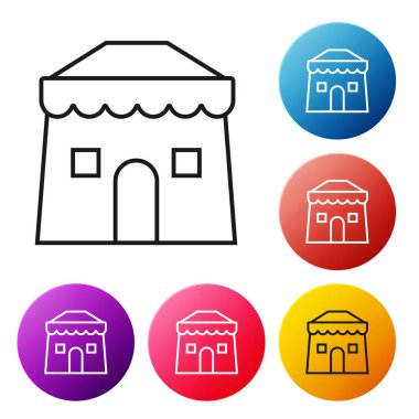 Beyaz arkaplanda siyah çizgi sirk simgesi izole edildi. Karnaval kamp çadırı. Eğlence parkı. Renkli daire düğmelerini ayarlayın. Vektör İllüstrasyonu