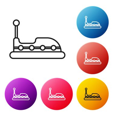 Siyah çizgi Tampon araba simgesi beyaz arka plan üzerinde izole. Lunapark. Çocuk eğlence oyun alanı, eğlence parkı. Simgeleri renkli daire düğmeleri ayarlayın. Vektör İllüstrasyonu