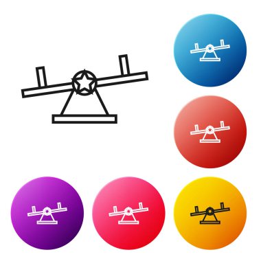 Beyaz arka planda yalıtılmış siyah çizgi Seesaw simgesi. Teeter eşit tahta. Oyun alanı sembolü. Simgeleri renkli daire düğmeleri ayarlayın. Vektör İllüstrasyonu