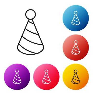 Siyah çizgi Parti şapka simgesi beyaz arka plan üzerinde izole. Doğum günü şapkası. Simgeleri renkli daire düğmeleri ayarlayın. Vektör İllüstrasyonu