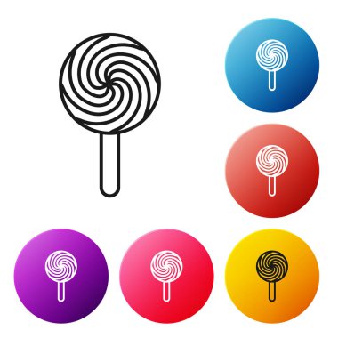 Siyah çizgi Lolipop simgesi beyaz arka plan üzerinde izole. Yemek, lezzetli sembol. Simgeleri renkli daire düğmeleri ayarlayın. Vektör İllüstrasyonu