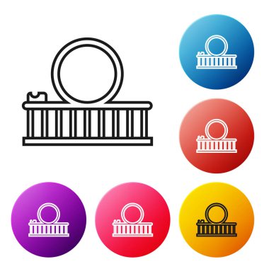 Siyah çizgi Roller coaster simgesi beyaz arka plan üzerinde izole. Lunapark. Çocuk eğlence oyun alanı, eğlence parkı. Simgeleri renkli daire düğmeleri ayarlayın. Vektör İllüstrasyonu