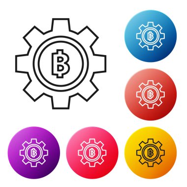 Beyaz arka plan üzerinde siyah çizgi Cryptocurrency sikke Bitcoin simgesi. Dişli ve Bitcoin ayarı. Blockchain tabanlı güvenli kripto para birimi. Simgeleri renkli daire düğmeleri ayarlayın. Vektör İllüstrasyonu