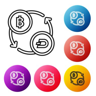 Beyaz arka plan üzerinde siyah çizgi Cryptocurrency döviz simgesi. Bitcoin'den Dash'e döviz simgesi. Kripto para teknolojisi, mobil bankacılık. Simgeleri renkli daire düğmeleri ayarlayın. Vektör İllüstrasyonu