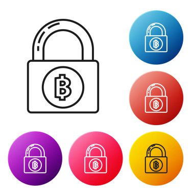 Siyah çizgi Beyaz arka plan üzerinde bitcoin simgesi ile kilitleyin. Kripto para madenciliği, blockchain teknolojisi, güvenlik, koruma, dijital para. Simgeleri renkli daire düğmeleri ayarlayın. Vektör İllüstrasyonu