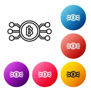 Siyah çizgi Cryptocurrency bitcoin beyaz arka plan üzerinde mikroçip devre simgesi ile daire içinde. Blockchain teknolojisi, dijital para piyasası. Simgeleri renkli daire düğmeleri ayarlayın. Vektör İllüstrasyonu