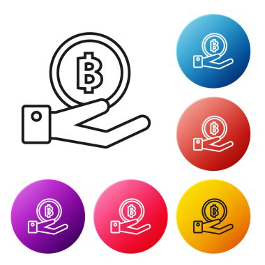 Siyah çizgi El beyaz arka plan üzerinde Bitcoin simgesi tutan. Blockchain teknolojisi, dijital para piyasası, kripto para cüzdanı. Simgeleri renkli daire düğmeleri ayarlayın. Vektör İllüstrasyonu