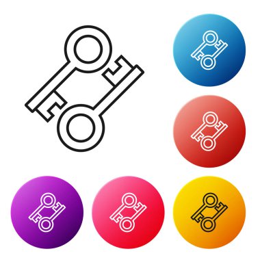 Beyaz arka planda siyah çizgi Cryptocurrency anahtar simgesi. Siber güvenlik veya özel anahtar kavramı, teknoloji arayüzü ile dijital anahtar. Simgeleri renkli daire düğmeleri ayarlayın. Vektör İllüstrasyonu