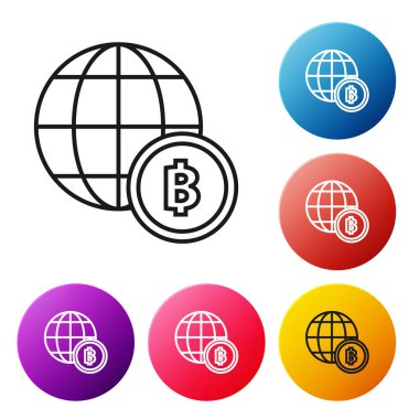 Siyah çizgi Globe ve beyaz arka plan üzerinde kripto para sikke Bitcoin simgesi. Fiziksel biraz para. Blockchain tabanlı güvenli kripto para birimi. Simgeleri renkli daire düğmeleri ayarlayın. Vektör İllüstrasyonu