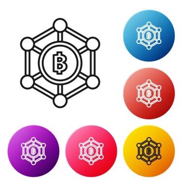 Siyah çizgi Blockchain teknolojisi Bitcoin simgesi beyaz arka plan üzerinde. Soyut geometrik blok zincir ağ teknolojisi iş. Simgeleri renkli daire düğmeleri ayarlayın. Vektör İllüstrasyonu