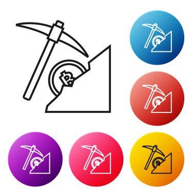 Beyaz arka plan üzerinde siyah çizgi Cryptocurrency bulut madenciliği simgesi. Kazma ile bulut, bitcoin, dijital para piyasası, cryptocoin cüzdan. Simgeleri renkli daire düğmeleri ayarlayın. Vektör İllüstrasyonu