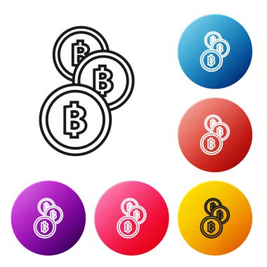 Beyaz arka plan üzerinde siyah çizgi Cryptocurrency sikke Bitcoin simgesi. Fiziksel biraz para. Blockchain tabanlı güvenli kripto para birimi. Simgeleri renkli daire düğmeleri ayarlayın. Vektör İllüstrasyonu