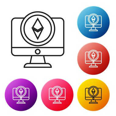 Siyah çizgi Monitör ve Cryptocurrency sikke Ethereum Eth simgesi beyaz arka plan üzerinde. Altcoin sembolü. Blockchain tabanlı güvenli kripto para birimi. Simgeleri renkli daire düğmeleri ayarlayın. Vektör İllüstrasyonu
