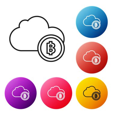 Beyaz arka plan üzerinde siyah çizgi Cryptocurrency bulut madenciliği simgesi. Blockchain teknolojisi, bitcoin, dijital para piyasası, kripto para cüzdanı. Simgeleri renkli daire düğmeleri ayarlayın. Vektör İllüstrasyonu