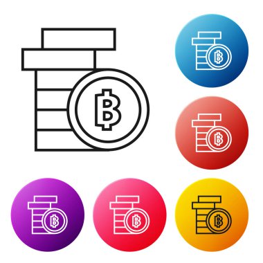 Beyaz arka plan üzerinde siyah çizgi Cryptocurrency sikke Bitcoin simgesi. Fiziksel biraz para. Blockchain tabanlı güvenli kripto para birimi. Simgeleri renkli daire düğmeleri ayarlayın. Vektör İllüstrasyonu