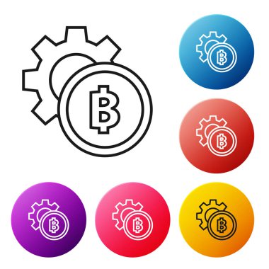 Beyaz arka plan üzerinde siyah çizgi Cryptocurrency sikke Bitcoin simgesi. Dişli ve Bitcoin ayarı. Blockchain tabanlı güvenli kripto para birimi. Simgeleri renkli daire düğmeleri ayarlayın. Vektör İllüstrasyonu