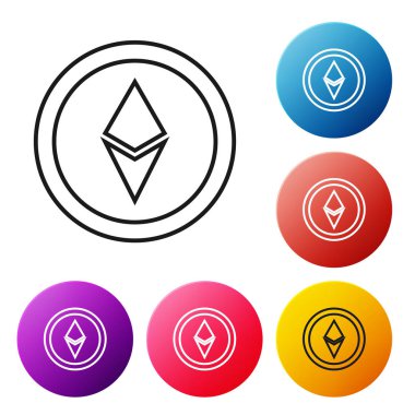 Beyaz arka plan üzerinde Siyah çizgi Cryptocurrency sikke Ethereum Eth simgesi. Altcoin sembolü. Blockchain tabanlı güvenli kripto para birimi. Simgeleri renkli daire düğmeleri ayarlayın. Vektör İllüstrasyonu