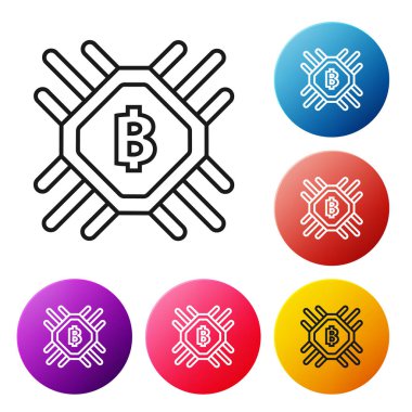 Beyaz arka plan üzerinde Siyah çizgi Cpu madenciliği çiftlik simgesi. Bitcoin işlemci içinde işareti. Kripto para madenciliği topluluğu. Dijital para. Simgeleri renkli daire düğmeleri ayarlayın. Vektör İllüstrasyonu