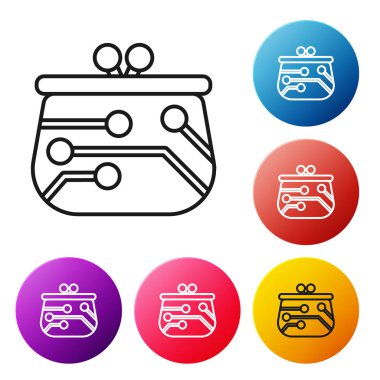 Beyaz arka planda siyah çizgi Cryptocurrency cüzdan simgesi. Cüzdan ve bitcoin işareti. Madencilik konsepti. Para, ödeme, nakit, ödeme simgesi. Simgeleri renkli daire düğmeleri ayarlayın. Vektör İllüstrasyonu