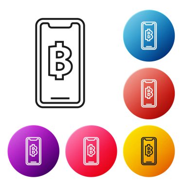 Siyah hat Telefon cep telefonu ve kriptopara sikke Bitcoin simgesi beyaz arka plan üzerinde. Fiziksel biraz para. Blockchain tabanlı güvenli kripto para birimi. Simgeleri renkli daire düğmeleri ayarlayın. Vektör İllüstrasyonu