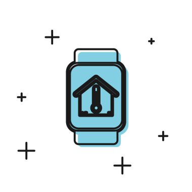 Beyaz arka planda izole edilmiş ev sıcaklığı simgesine sahip Siyah Akıllı saat. Termometre simgesi. Vektör İllüstrasyonu