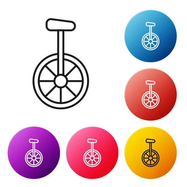 Siyah çizgili tek tekerlekli bisiklet ya da beyaz arka planda izole edilmiş bir bisiklet ikonu. Tekerlekli bisiklet. Renkli daire düğmelerini ayarlayın. Vektör İllüstrasyonu