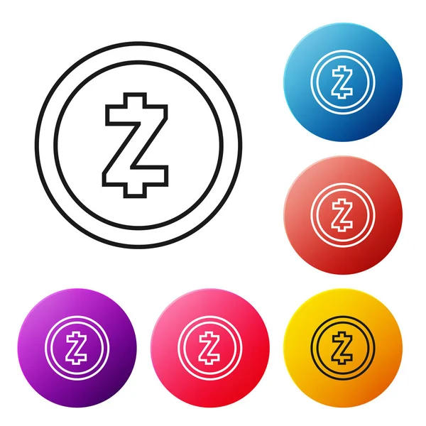 Fekete vonal Cryptocurrency érme Zcash Zec ikonra fehér alapon. Digitális fizetőeszköz. Altcoin szimbólum. Blockchain alapú biztonságos titkosítási valuta. Készlet ikonok színes kör gombok. Vektoros illusztráció — Stock Vector
