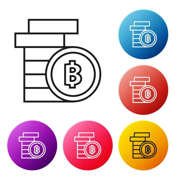 Beyaz arka plan üzerinde siyah çizgi Cryptocurrency sikke Bitcoin simgesi. Fiziksel biraz para. Blockchain tabanlı güvenli kripto para birimi. Simgeleri renkli daire düğmeleri ayarlayın. Vektör İllüstrasyonu