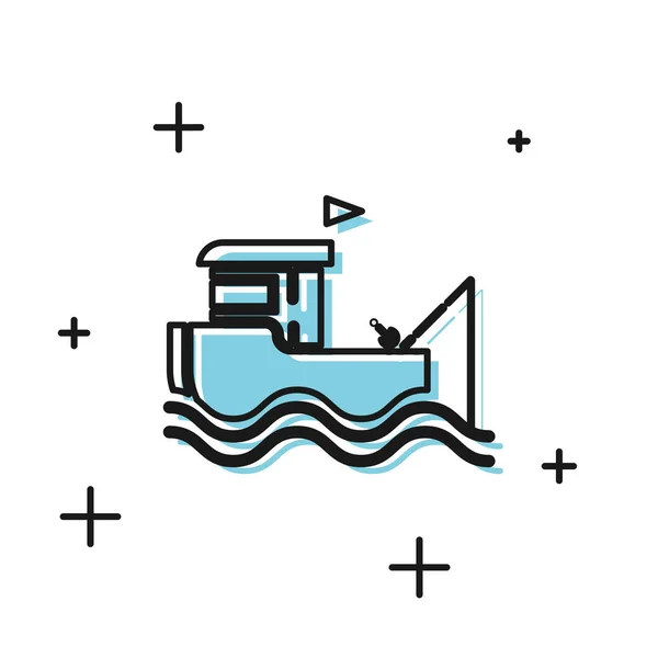 Schwarzes Fischerboot mit Angelrute auf Wasser-Symbol isoliert auf weißem Hintergrund. Vektorillustration — Stockvektor