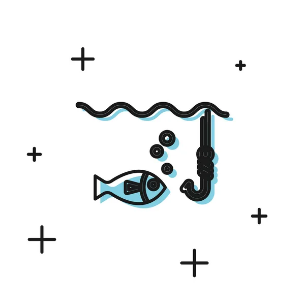 Schwarzer Angelhaken unter Wasser mit Fischsymbol auf weißem Hintergrund. Angeln. Vektorillustration — Stockvektor