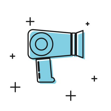 Beyaz arkaplanda siyah saç kurutma ikonu izole edildi. Saç kurutma makinesi tabelası. Saç kurutma sembolü. Sıcak hava üflüyor. Vektör İllüstrasyonu