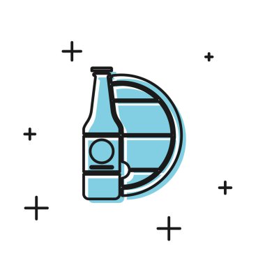 Siyah Bira şişesi ve ahşap varil simgesi beyaz arka plan üzerinde izole. Vektör İllüstrasyonu