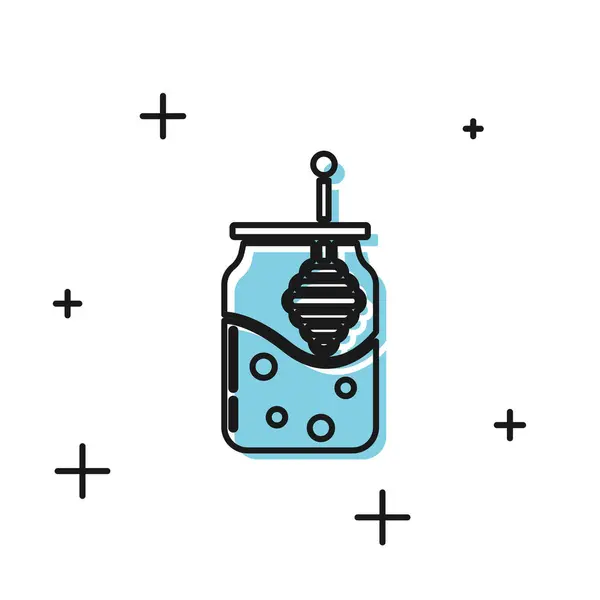 Μαύρο βάζο από μέλι και μέλι Άρκτος ραβδί εικονίδιο απομονωθεί σε λευκό φόντο. Τράπεζα τροφίμων. Χαριτωμένο φυσικό φαγητό σύμβολο. Η κουτάλα μου. Απεικόνιση διανυσματικών φορέων — Διανυσματικό Αρχείο
