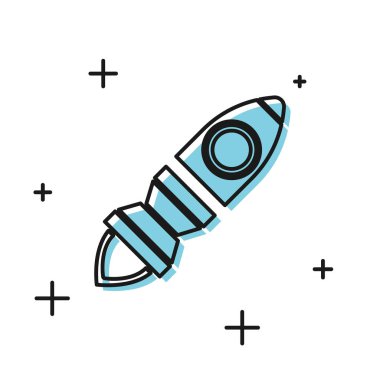 Beyaz arka planda izole ateş simgesi ile Siyah Roket gemi. Uzay yolculuğu. Vektör İllüstrasyonu