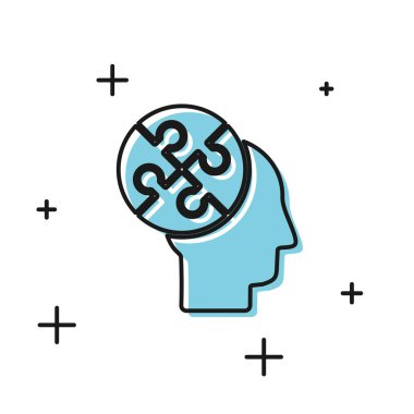 Siyah İnsan kafa bulmacalar strateji simgesi beyaz arka plan üzerinde izole. Beyin işaretini düşünmek. Beynin sembol çalışması. Vektör İllüstrasyonu