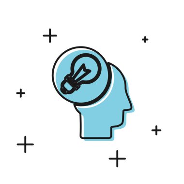 Beyaz arka plan üzerinde izole lamba ampul simgesi ile Siyah İnsan kafası. Vektör İllüstrasyonu