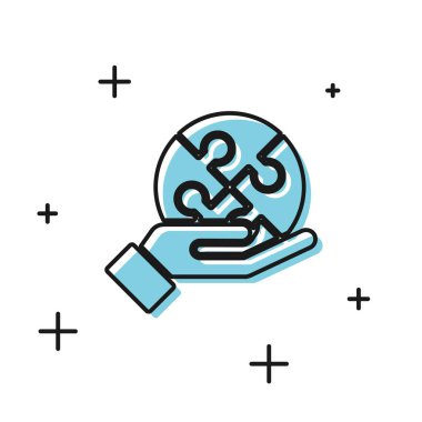 El deki siyah bulmaca parçası simgesi beyaz arka planda izole edilmiştir. İş, pazarlama, finans, şablon, düzen, infographics kavramı. Vektör İllüstrasyonu