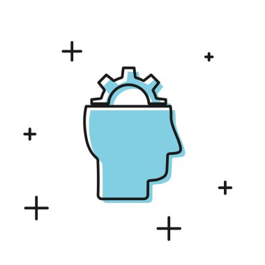 Siyah İnsan beyaz arka plan üzerinde izole simgesi içinde dişli ile. Yapay zeka. Beyin işaretini düşünmek. Beynin sembol çalışması. Vektör İllüstrasyonu