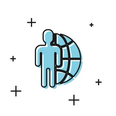 Siyah Küre ve beyaz arka planda izole edilmiş insanlar simgesi. Küresel iş sembolü. Sosyal ağ simgesi. Vektör İllüstrasyonu