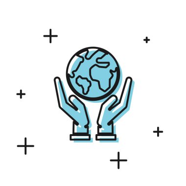 Siyah insan elleri, beyaz zemin üzerinde Dünya 'nın ikonunu tutuyor. Dünya kavramını sakla. Vektör İllüstrasyonu