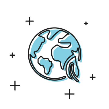 Siyah Dünya küresi ve beyaz arka plan üzerinde izole yaprak simgesi. Dünya veya Dünya işareti. Geometrik şekiller. Çevre kavramı. Vektör İllüstrasyonu