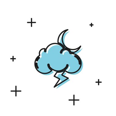 Siyah Fırtına simgesi beyaz arka planda yalıtılmış. Şimşek ve ay işareti olan bulut. Fırtınanın hava ikonu. Vektör İllüstrasyonu